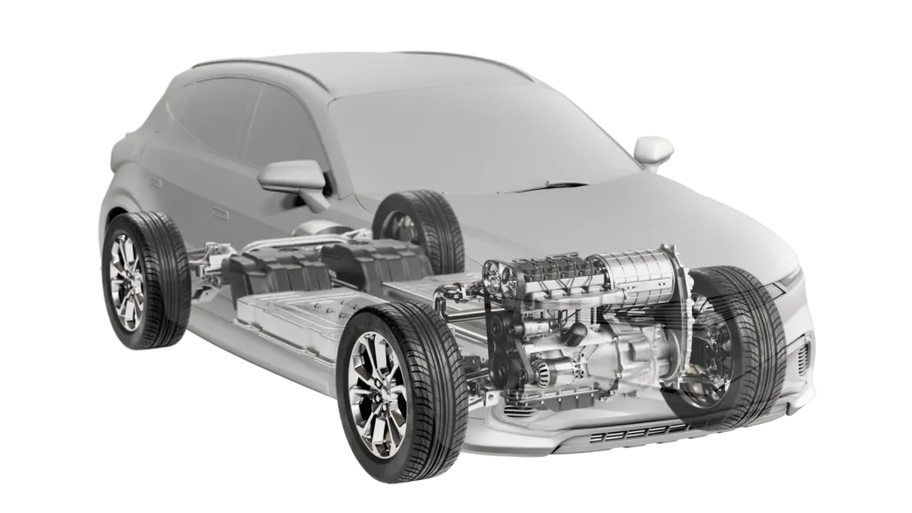 A semi-transparent car reveals its internal components, including the electric battery, motor, and drivetrain system.