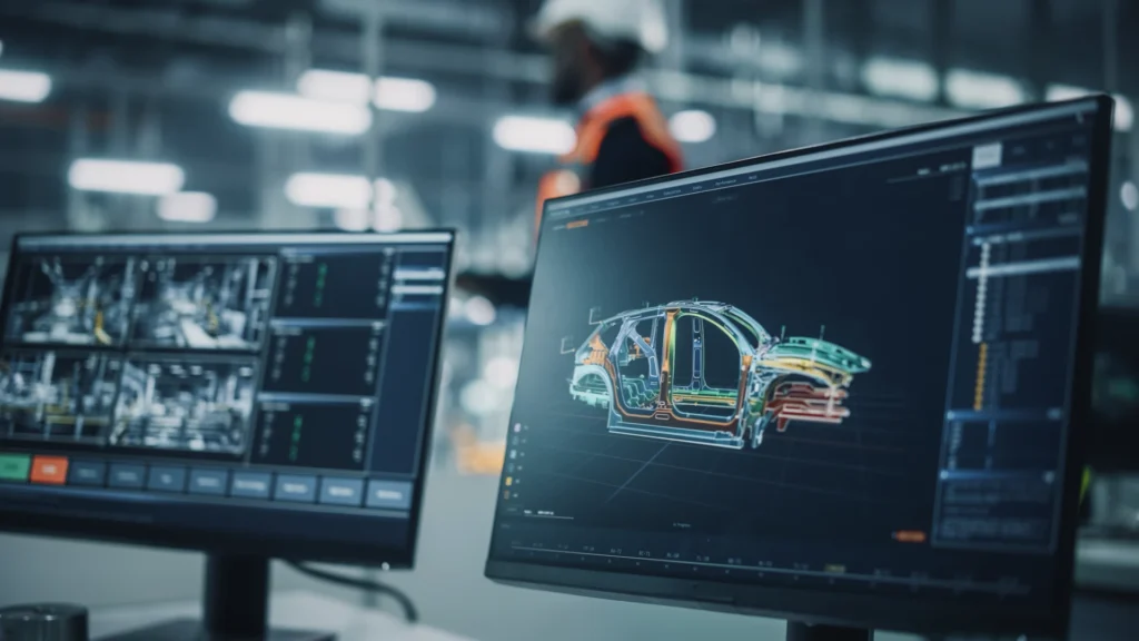 Two computer monitors display technical data and a digital 3D model of a car body in an industrial setting, with a worker blurred in the background.