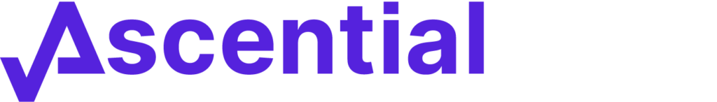 Ascential Care logo with stylized purple "A" and "scential" in purple text, followed by "Care" in white text on a transparent background.