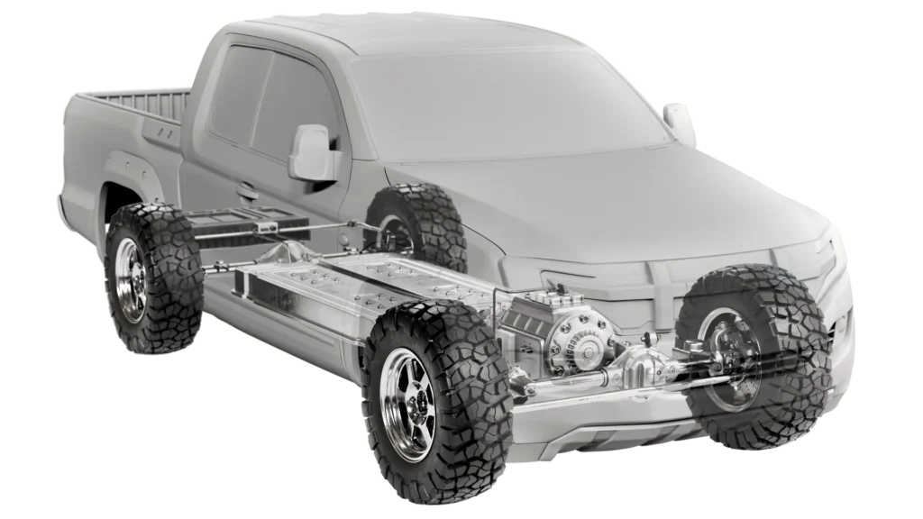 A semi-transparent pickup truck showing the detailed internal structure of its chassis, suspension, and drivetrain components.