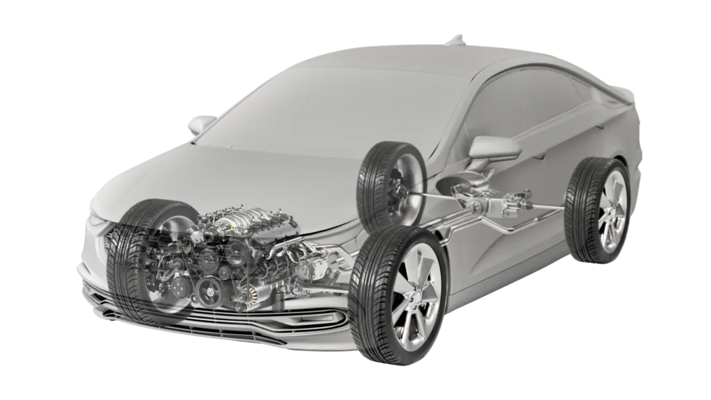 Transparent car illustration showing internal components including engine, transmission, suspension, and drivetrain connected to the front and rear wheels.