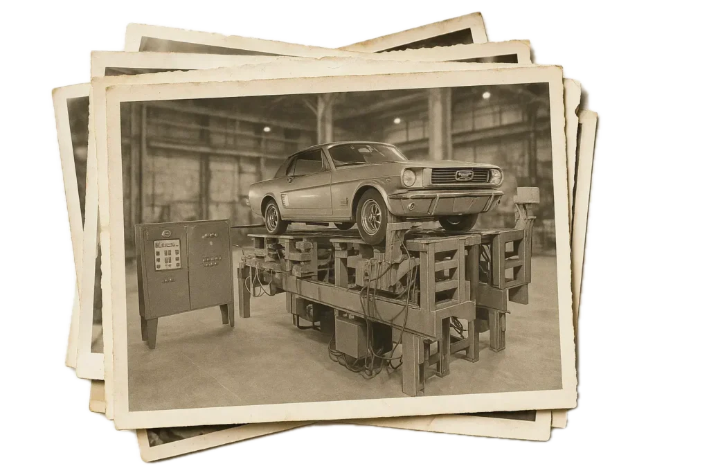 A vintage black-and-white photo shows a classic car elevated on mechanical platforms in an industrial setting, with control equipment nearby.